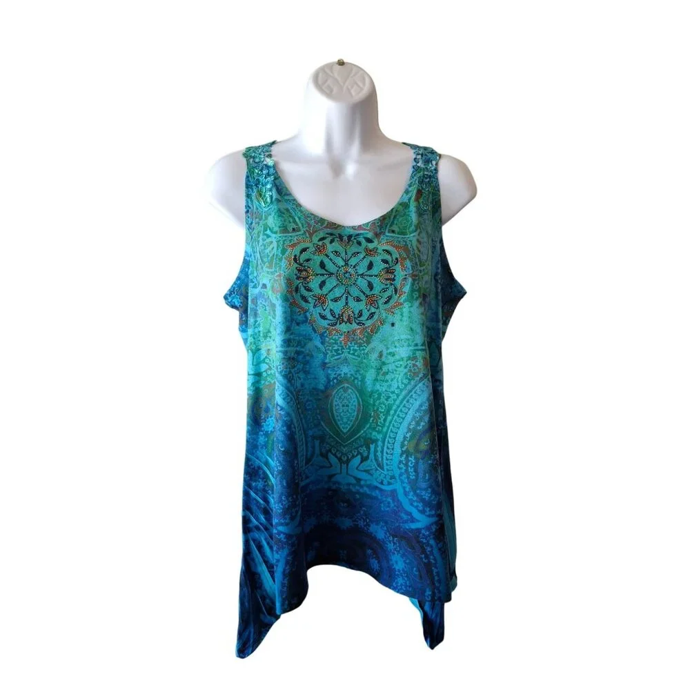 Only Nine Sleeveless Paisley Handkerchief Hem Tank Top Womens Blue S